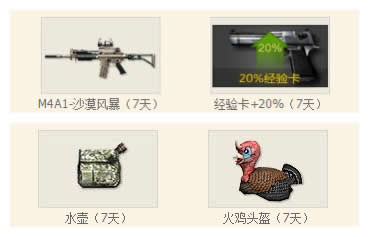 cf新手礼包领取2013（新兵大礼包A：M4A1-沙漠风暴、经验卡+20%、水壶、火鸡头盔）