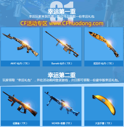 CF2月非常幸运礼包：AK47-牡丹+Barrett-牡丹+ 尼泊尔-牡丹+征服者+M240B-苍雷 +大圣手雷 