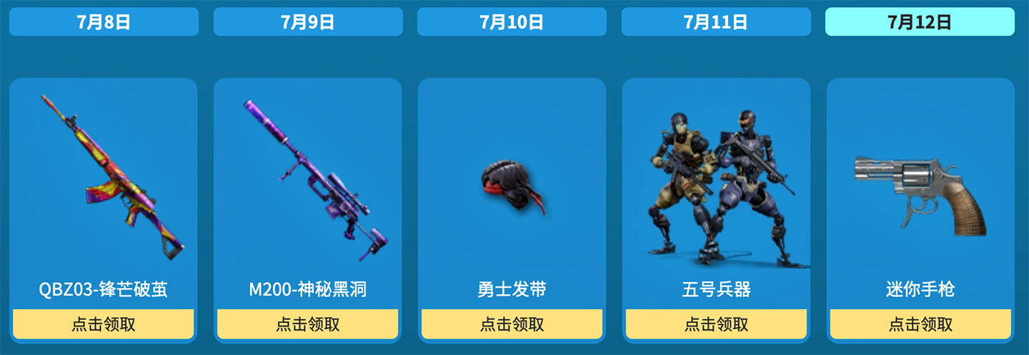 7月12日：QBZ03-锋芒破茧、M200-神秘黑洞、勇士发带、五号兵器、迷你手枪