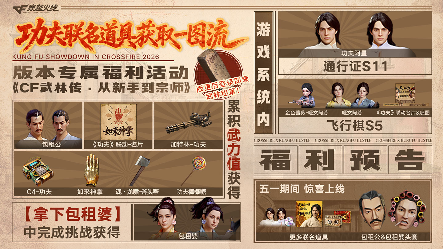 CF功夫联名活动 领功夫阿星、哑女阿芳、包租公头套、包租婆头套